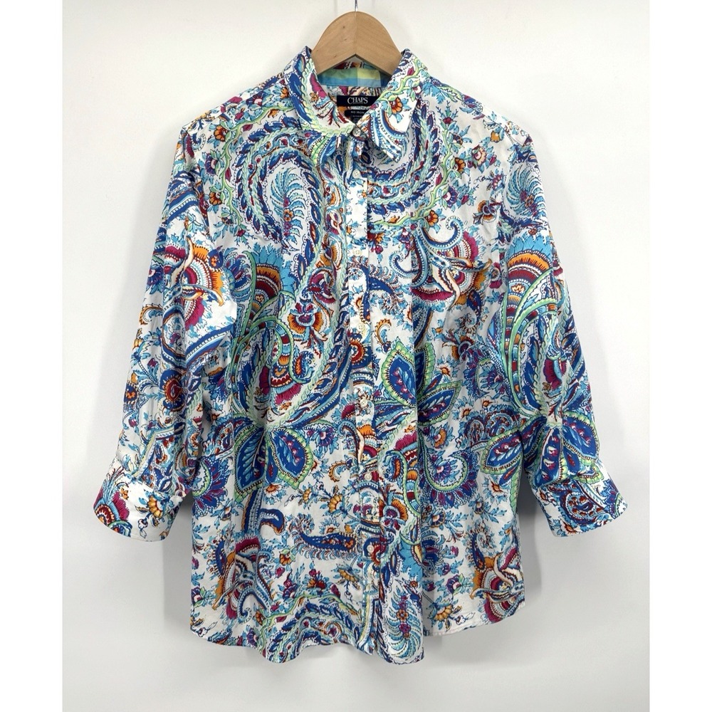 Chaps Women 1X Top Button Up Blouse Paisley Cotton No Iron Vibrant Contrast Cuff